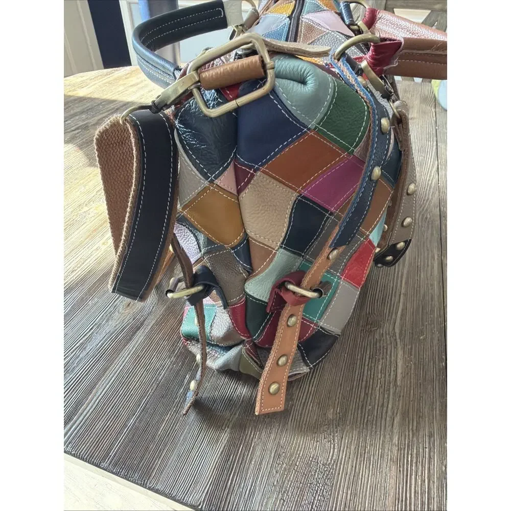 Genuine Leather Color Purse bohemian Handbag duffle studded patchwork quilt tote - Picture 6 of 9